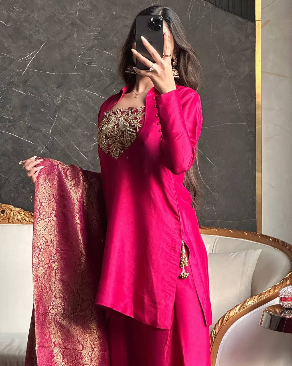 Regal Pink Peacock-Embellished Gala Suit